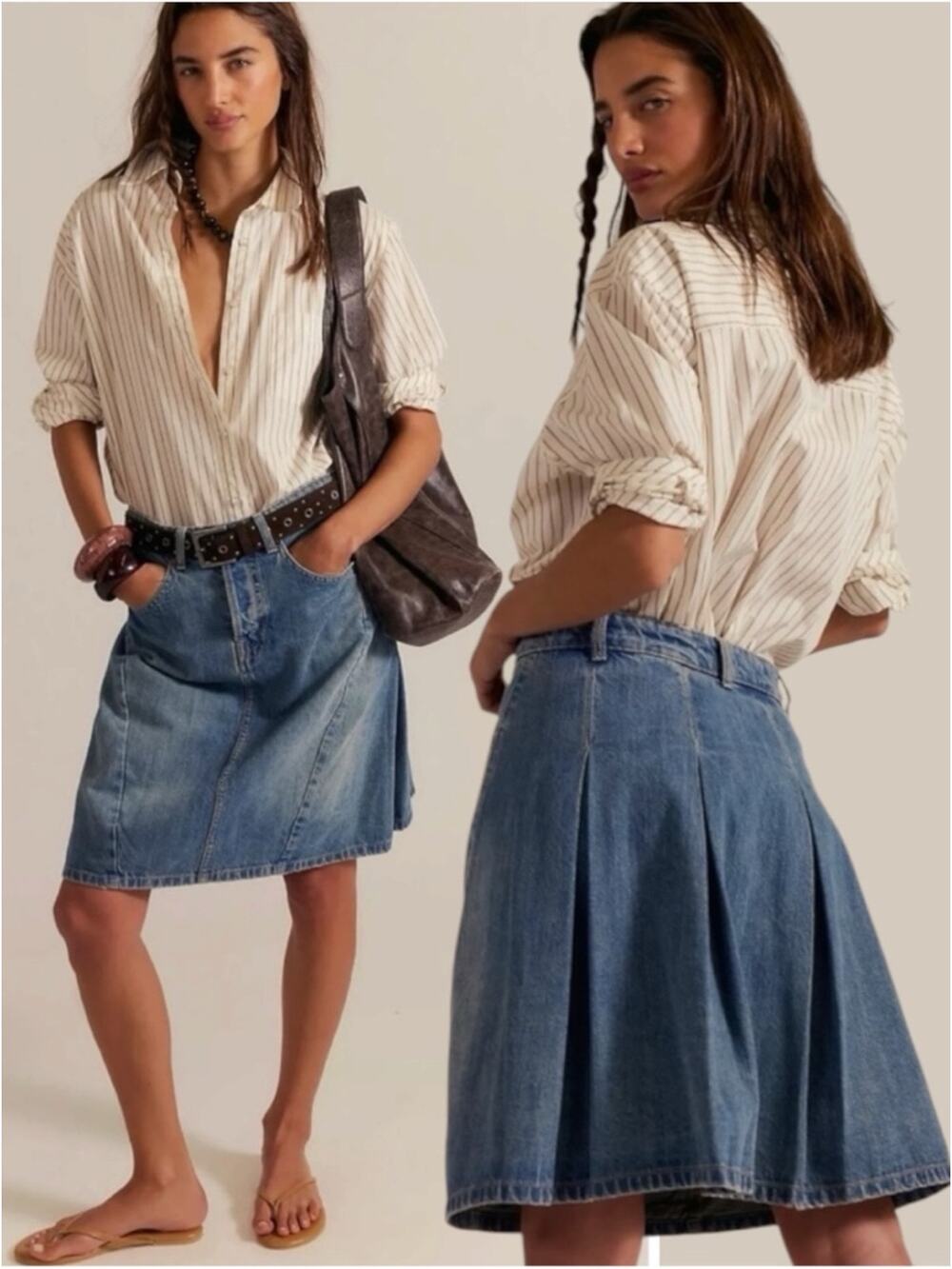 Free People Bohemian Retro 70s Yoko Pleated Denim Jean Skirt Size 31